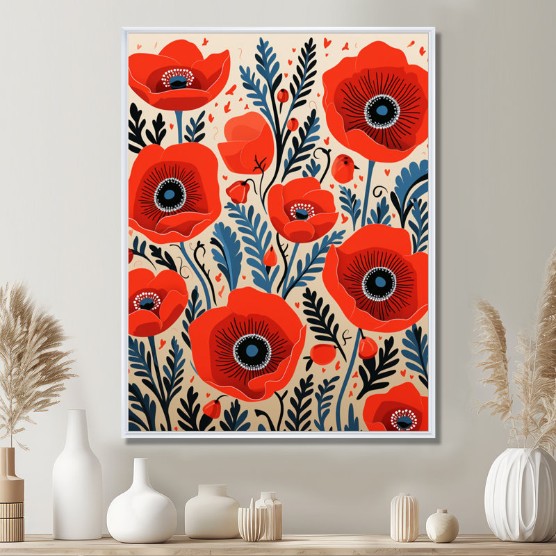 Blooming Poppies - Illustration rétro - coquelicot, Cadre flottant blanc, bois massif, H 20 po x l 12 po