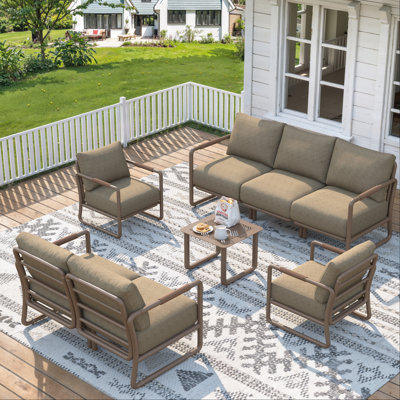 Modern 6-Piece Outdoor PE Rattan Patio Conversation Set with Steel Frame, Includes 3-Seat Sofa, Loveseat, 2 Armchairs,  1 side table for Backyard, Garden, Brown