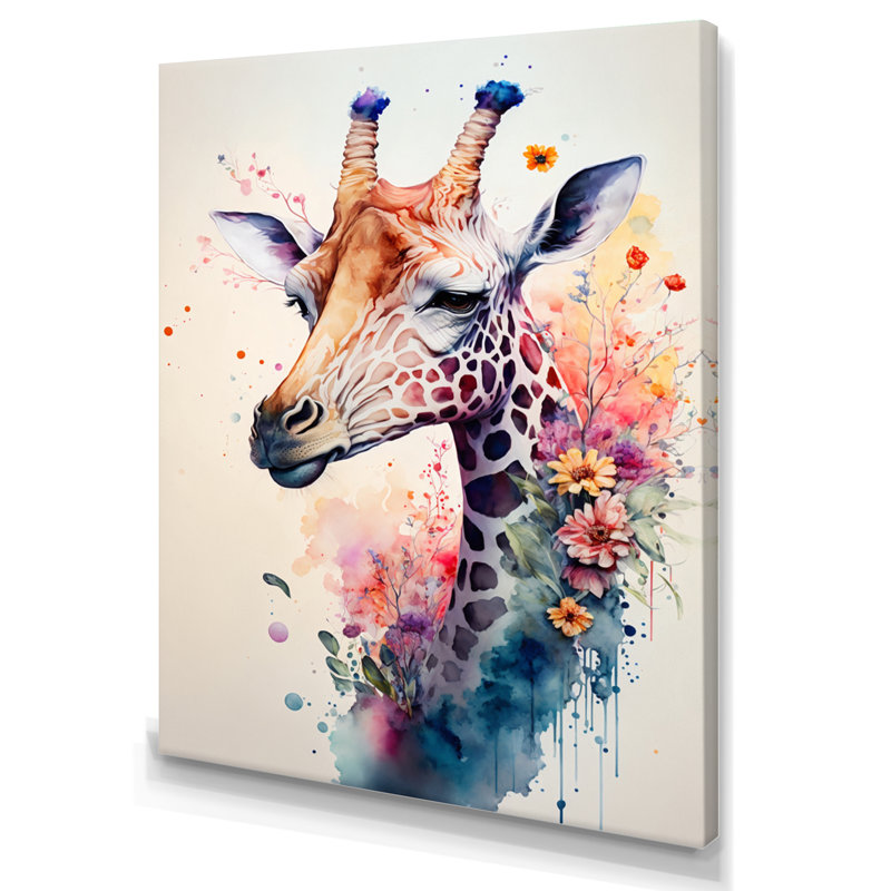 «Cute Giraffe Floral Art II», peinture sur toile, H 40 po x l 30 po x P 1,5 po, Toile tendue