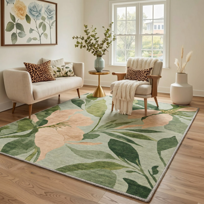 Tapis floral vert / beige lavable à la machine avec envers antidérapant, Rectangle 8' x 10'