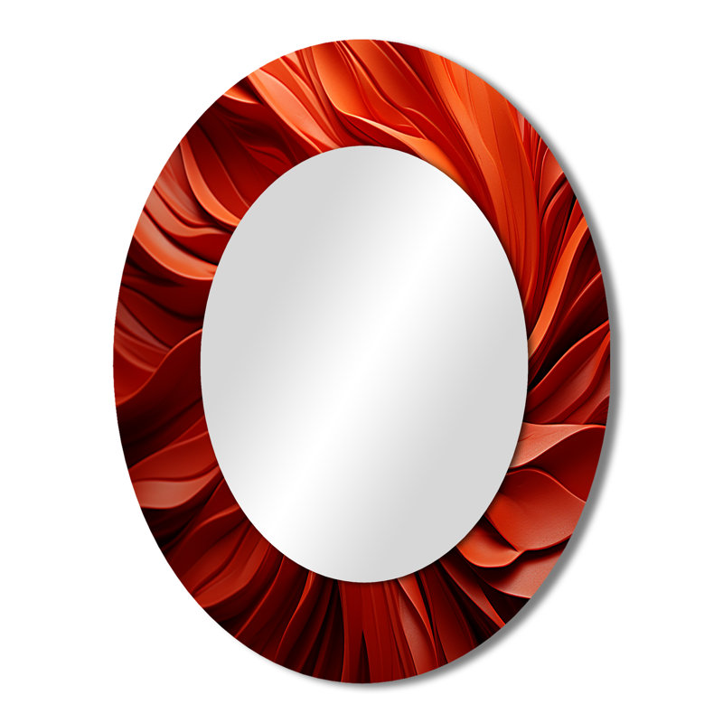 Orange et rouge abstrait spirale Dreamscape I - grand miroir mural ovale sur métal, 43 po x 33 po