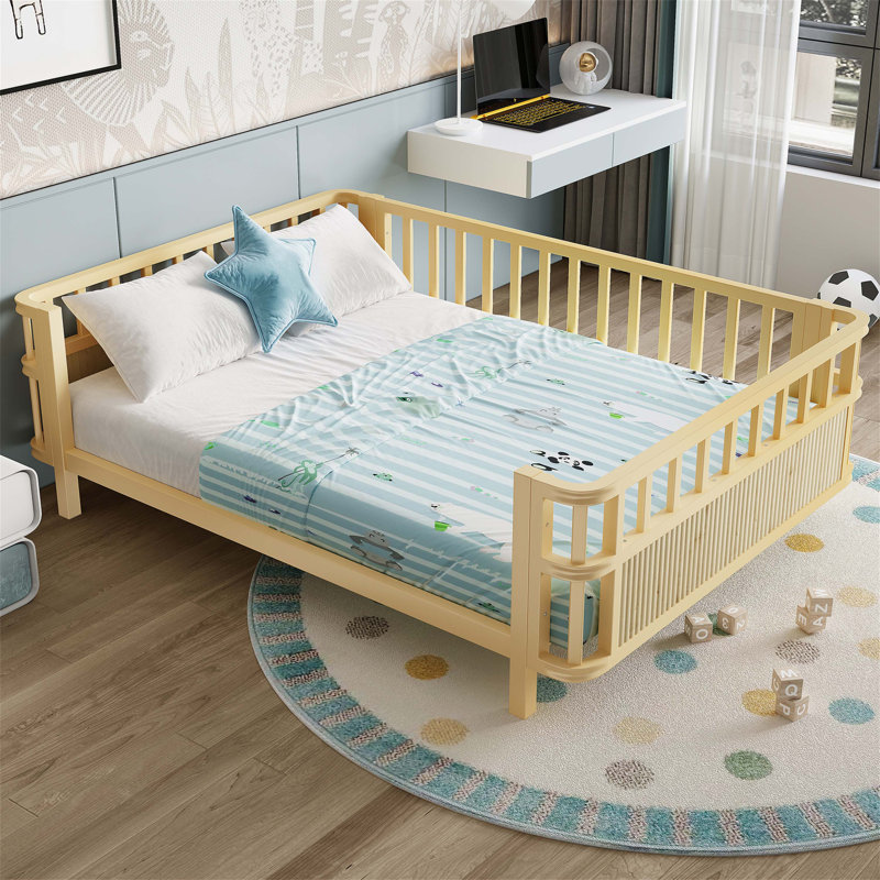 Children's Double Wooden Platform Bed With Railings, Low Iron Frame For Safety And Durability, Suitable For Girls And Boys, Full Size, Natural Finish