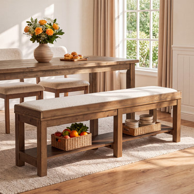 62.99" Solid Wood Dining Bench with Removable Cushion and Storage Shelf for Kitchen, Dining Room