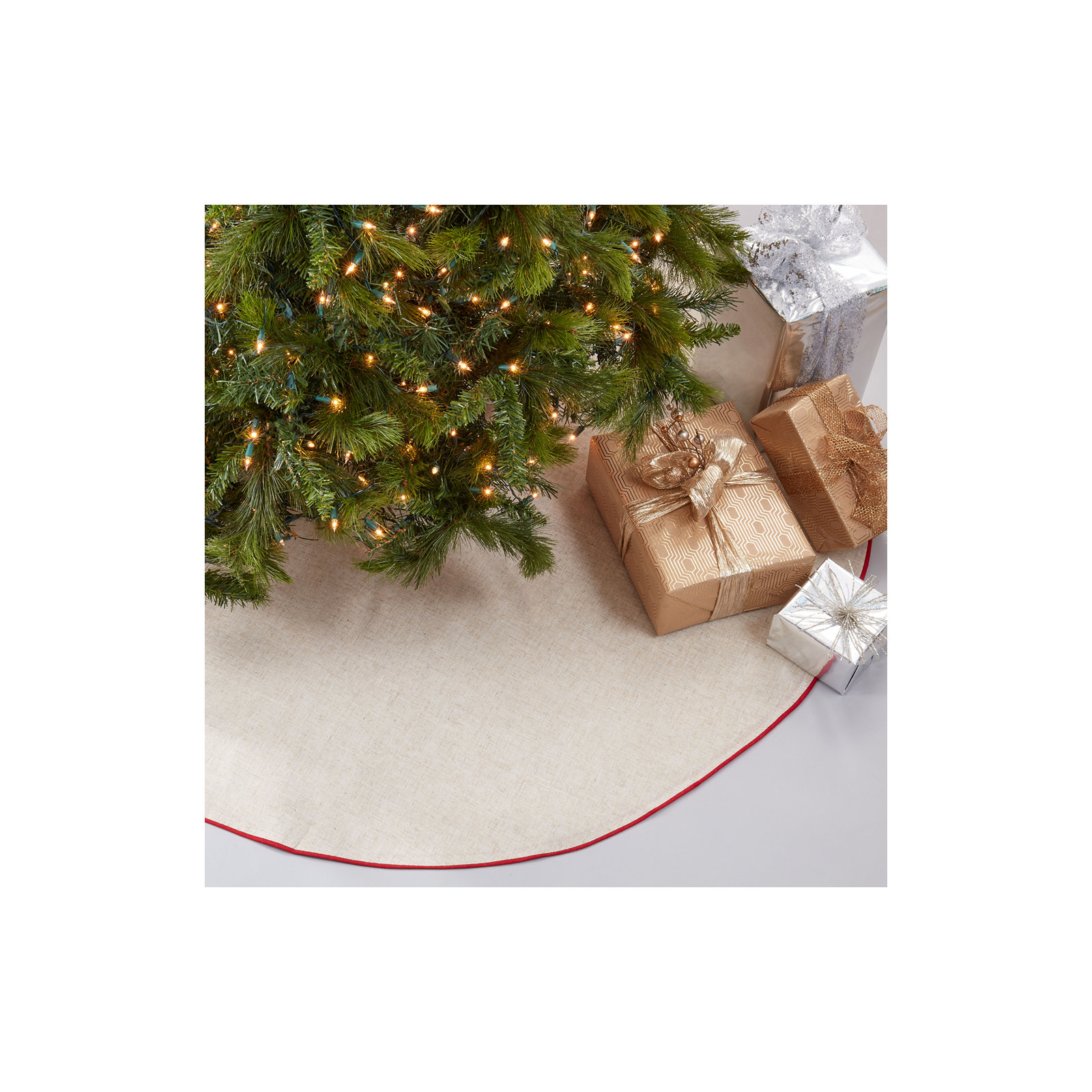 Nylah Tree Skirt, Natural/Red Piping, 84"