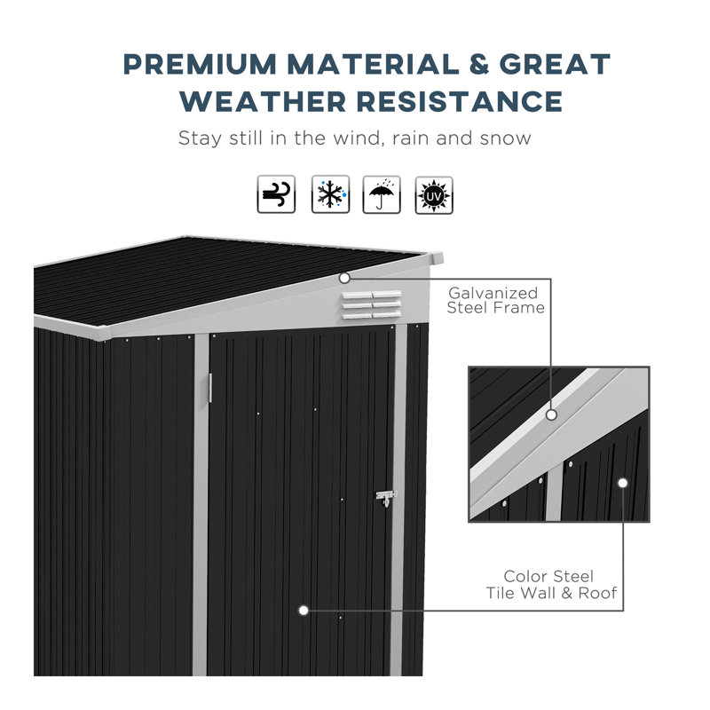 Outsunny 4' X 6' Metal Outdoor Storage Shed, Lean To Storage Shed, Garden Tool Storage House With Lockable Door And 2 Air Vents For Backyard, Patio, Lawn, Dark Gray