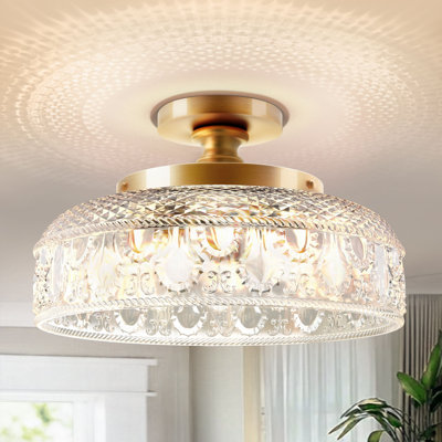 Mid-Century Modern Gloden Semi Flush Mount Ceiling Light,Round Glass for Hallway Kitchen Bedroom
