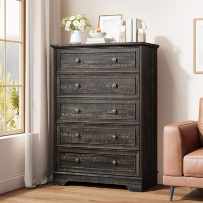 Commode 5 tiroirs pour chambre à coucher, commode haute rustique en bois avec un design rétro, organisateur de placard de ferme pour chambre à coucher, salon, couloir, chêne foncé