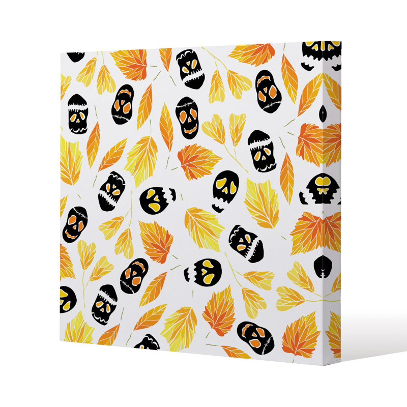 Autumn Leaves & Halloween Skulls Slim Style Canvas Print, 20 cm H x 20 cm W