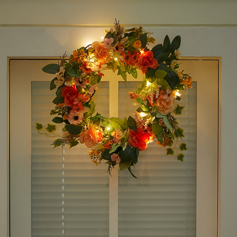 Faux Lighted Peony Rattan 40cm Wreath