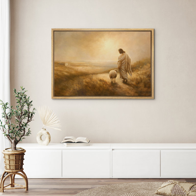 Jesus Christ And The Lost Lamb Walking Vintage Illustrations Religious Christian Artwork, 30" H x 60" W, Natural