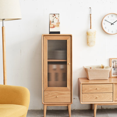 Armoire en chêne massif pour le rangement du salon - avec porte en verre rétro, 2 tablettes, 1 tiroir et poignée en laiton. , Meuble télé multifonctionnel, porte d'entrée, cuisine,