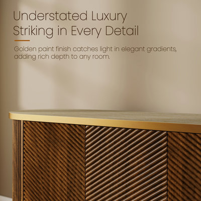 63" Diagonal Fluted Sideboard Cabinet with Storage, 4-Door Walnut Buffet Credenza TV Stand with Gold Trim, Cream Faux Travertine Console Table, Modern Cabinet for Dining Room, Living Room, Walnut