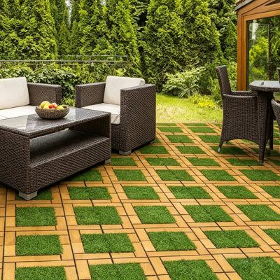 60 PCS Interlocking Deck Tiles 12" x 12", 9 Slats Outdoor Flooring Acacia Wood Patio Tiles, Waterproof Patio Flooring Decking for Balcony Backyard, Indoor and Outdoor Use（Green）