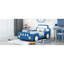 Lit plateforme simple en forme de voiture de course avec roues, bleu