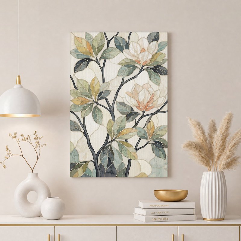 Tableau sur toile représentant des branches de magnolia aux tons verts et orange discrets, 36"H x 24"W