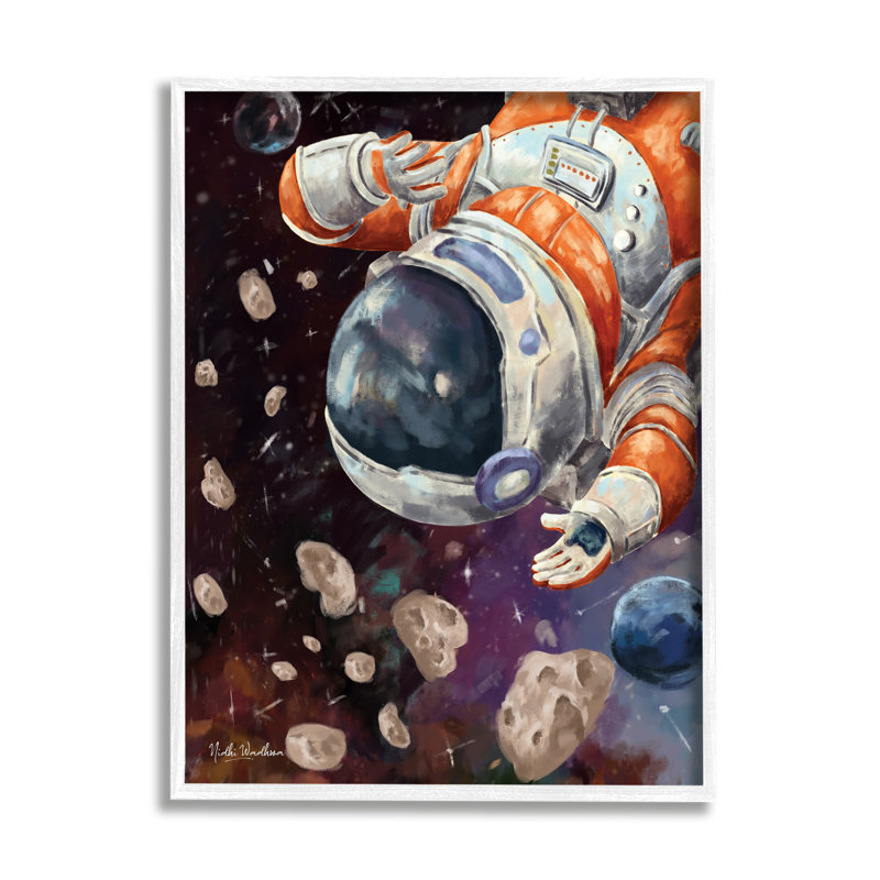 Astronaute et astéroides de l'espace, estampe numérique de Nidhi Wadhwa, Giclée encadrée blanc bord de mer