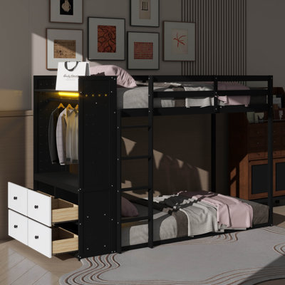 Lit superposé simple avec 4 tiroirs pour le rangement, tringle, barre lumineuse, tablettes intégrées et planches doubles perforées, plusieurs couleurs