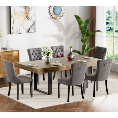 63" -78" Extendable Dining Table Set, Retro Rustic Dining Room Table & Velvet Dining Chairs, Rectangle Kitchen Dining Table and Chairs Set, Modern Din