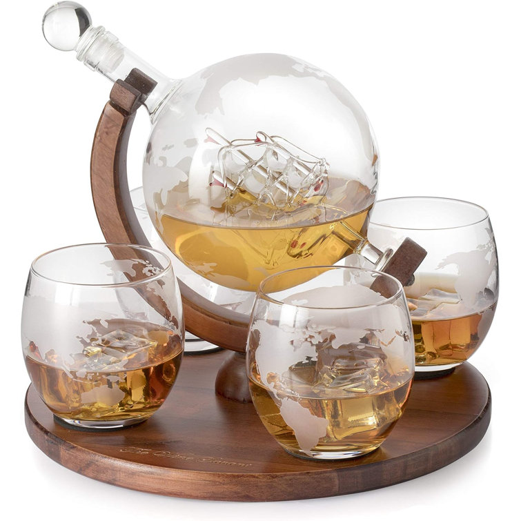 Etched World Decanter Whiskey Globe - Wrought Studio Whiskey Gift Set Globe Decanter 750 ml with Antique Ship, Whiskey Stones and 4 World Map 10oz GL