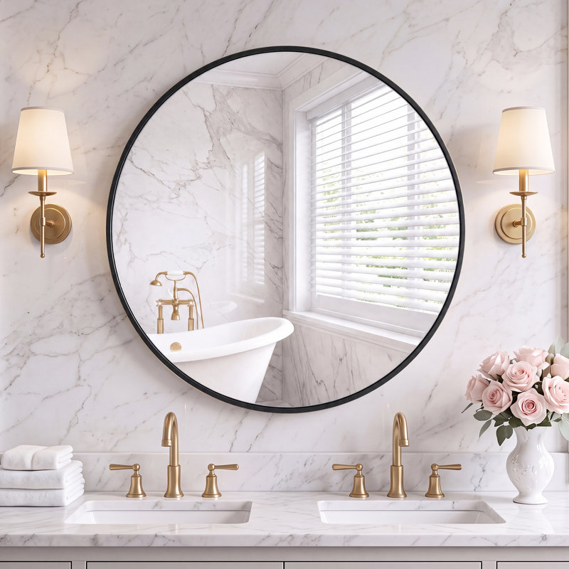 Miroir mural rond en métal, 24 po x 24 po, Noir, noir, noir, noir