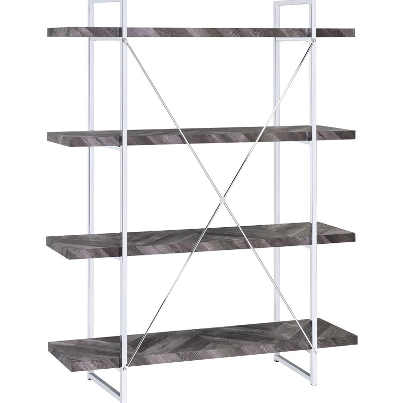 Bibliothèque à 4 tablettes à chevrons gris rustique, structure en métal, pour décoration intérieure chevrons avec 4 tablettes, articles de maison contemporains