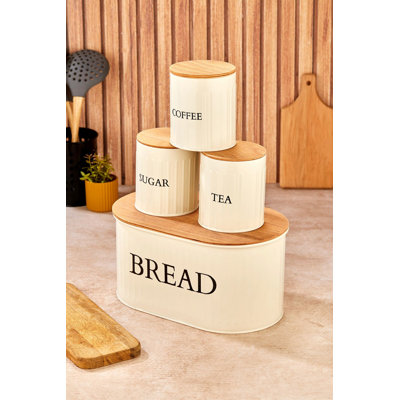Premium 4-Piece Storage Box Set, Cream Color, 11.8 x 7.5 x 5.9 in (Bread Box) & 3 x 4.3 x 4.0 in (Small Boxes) | Durable 100% Metal with Wooden Lids | Ideal for Kitchen Organization & Modern Décor