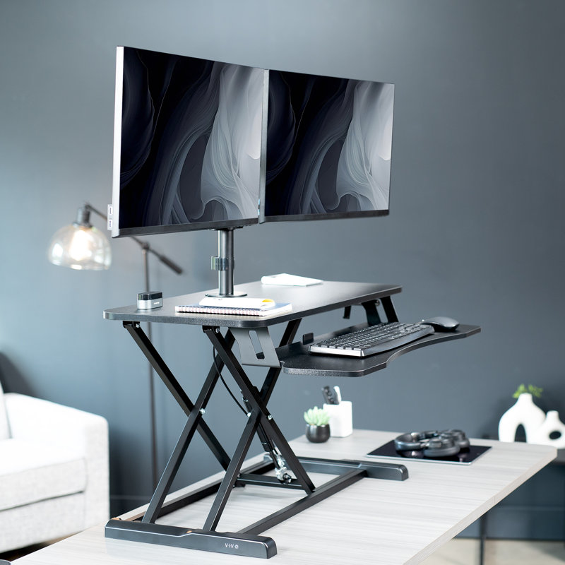 Black Adjustable Standing Desk Converter with Dual Monitor Mount