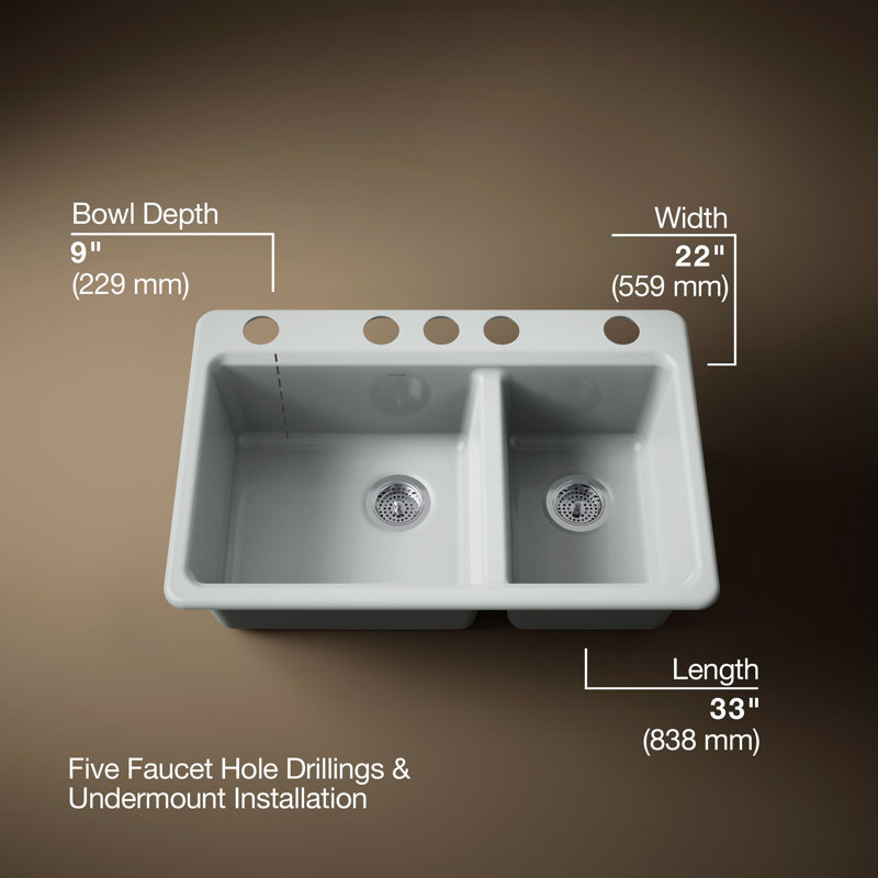Riverby 33" Enameled Cast Iron Undermount Double Basin Kitchen Sink, Ice Gray