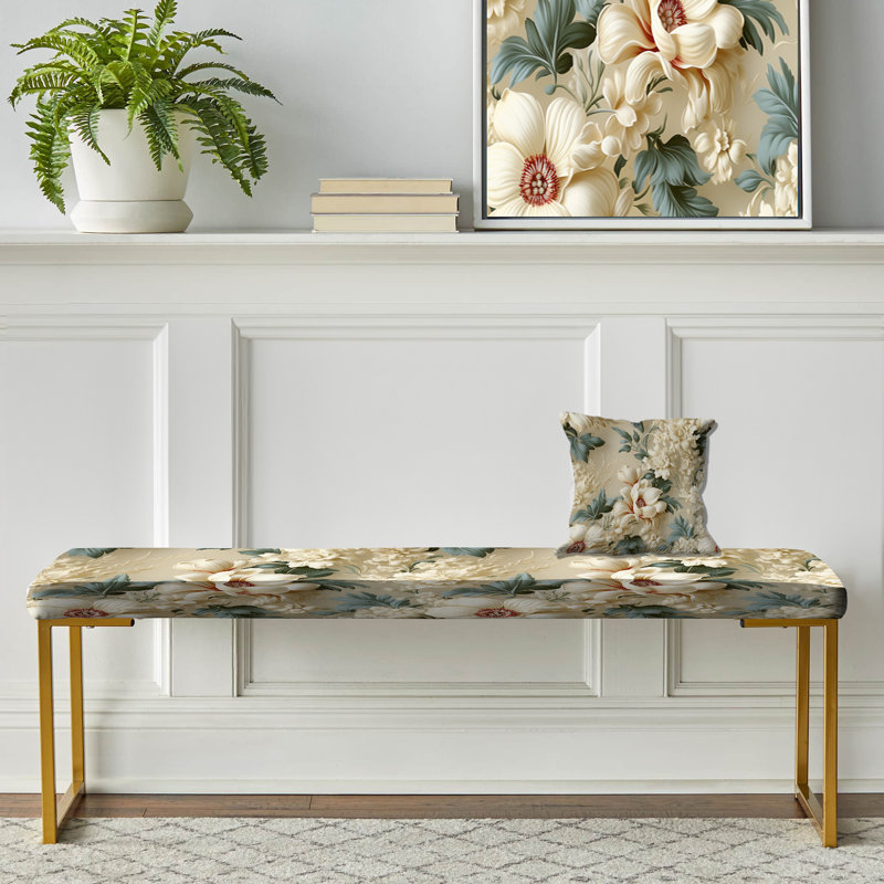 Blue Antique Country House Floral Charm - Floral Upholstered Gold Bench