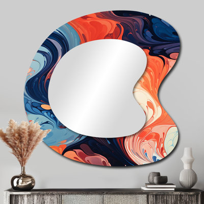 Encre liquide bleue et orange River IV - décor d'art abstrait en métal - miroir mural moderne et irrégulier