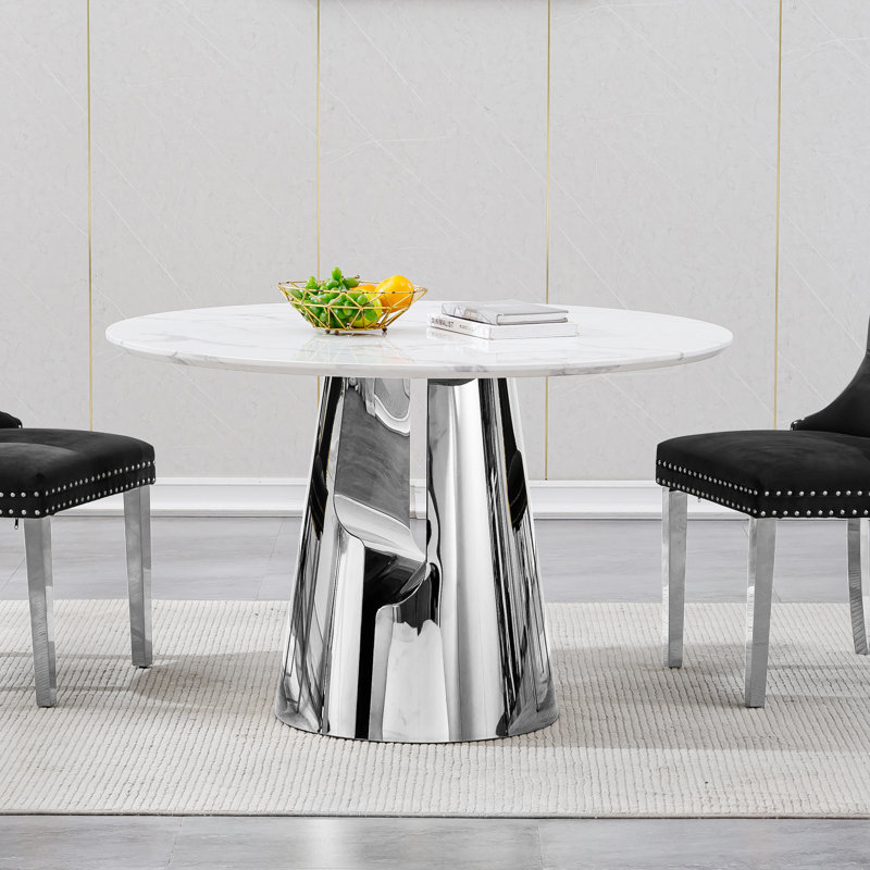 45" Round Marble Dining Table For 4-6, Modern White Faux Marble Kitchen Dining Room Table With Stainless Steel Cross Legs, Luxury Round Dinner Table For Kitchen Dining Room