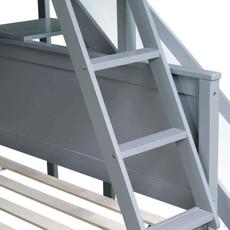 Twin Over Full Bunk Bed With 2 Drawers, Slide, Shelves, Ladder, Rubber Wood Bunk Bed With Slide, Drawers