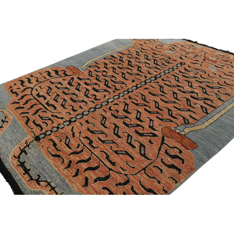 Rug & Kilim’S Pictorial Tiger-Skin Rug In Orange, Blue And Black, Rectangle 10' x 14'