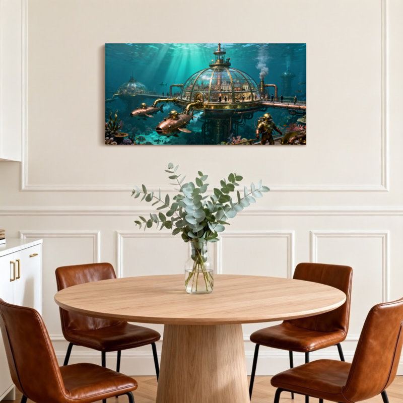 Fantaisie et science-fiction sous-marine avec des sous-marins et des plongeurs, H 24 po x l 48 po
