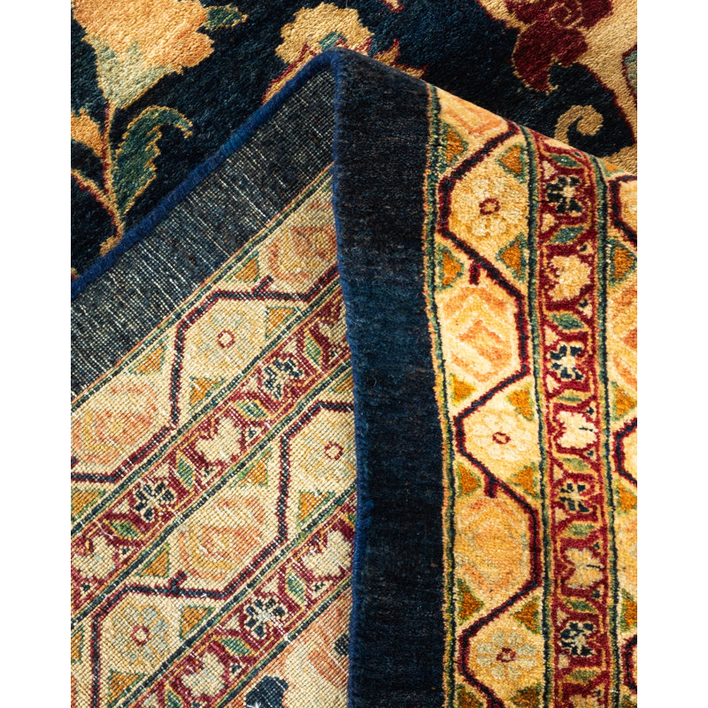 Tapis bleu marine / rouge / beige noué à la main de conception unique 11 pi 10 po x 17 pi 4 po Hayner