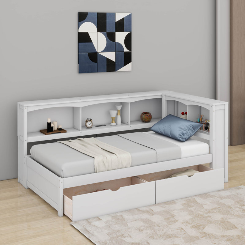 Lit de jour simple avec tiroirs de rangement et ports USB, Blanc