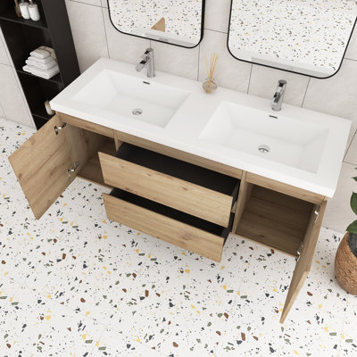 60'' Wall-Mounted Double Bathroom Vanity With Integrated Resin Top