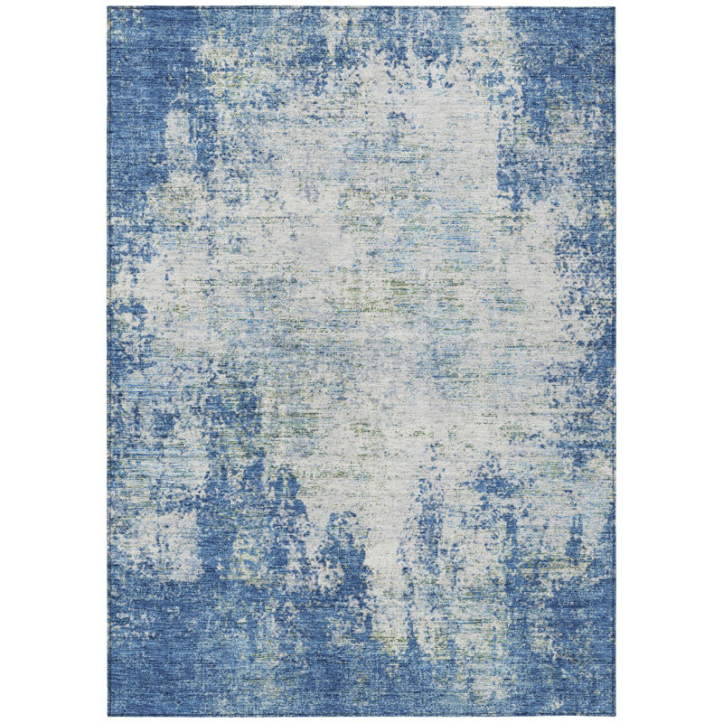 Tapis extérieur lavable abstrait bleu et ivoire 3 pi x 5 pi Denim