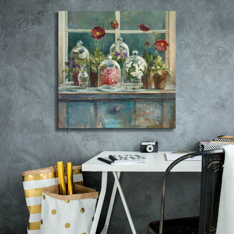«Fall Poppies Windowsill» par Danhui Nai, art mural sur toile, H 26 po x l 26 po
