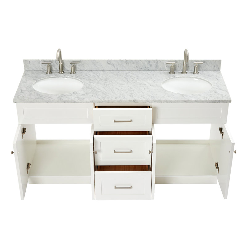 Partham 67'' Double Bathroom Vanity with Carrara Marble Top, White