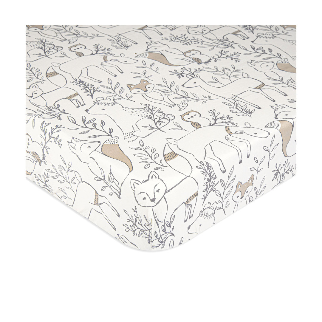 Ezra Woodland Animals Fitted Crib Sheet, 100% Cotton, Brown and White, Soft and Durable Crane Baby