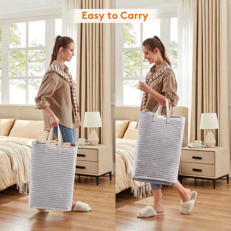 Gray Striped Large Collapsible Laundry Hampers with Handles
