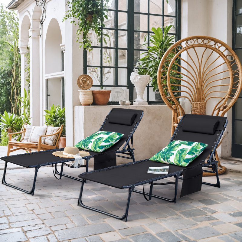 Serik 73.5" L Metal and Sling Folding Outdoor Chaise Lounge , Black