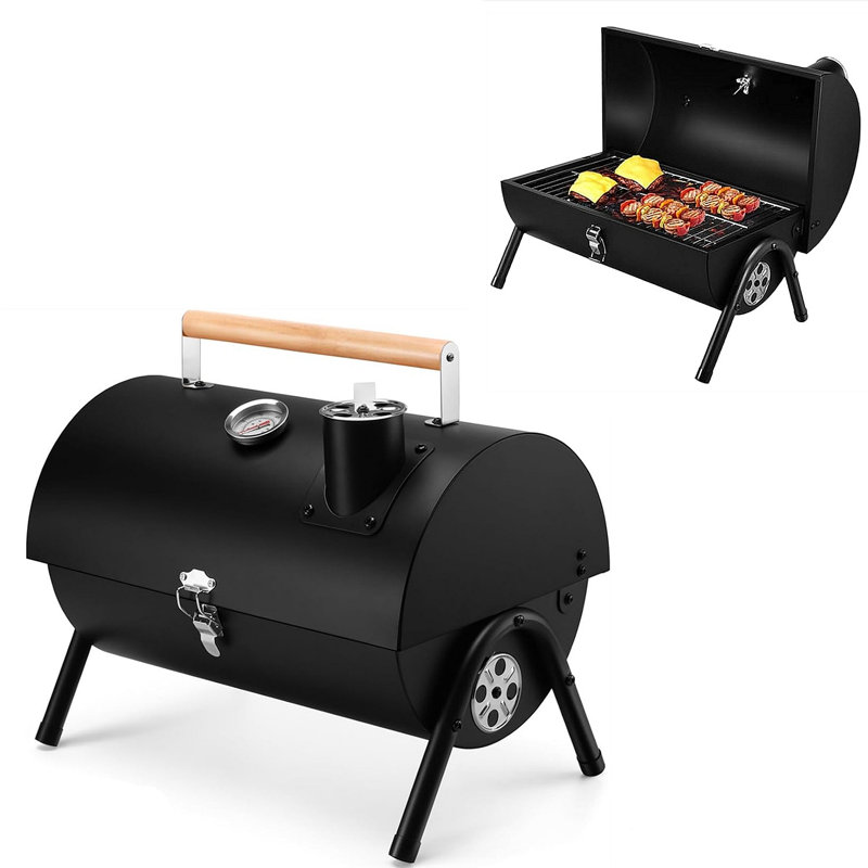 Barbecue portatif au charbon de bois avec thermomètre intégré et évents réglables, acier très épais et robuste, fumoir de table pour les voyages de camping dans la cour, support pour 1 à 3 personnes