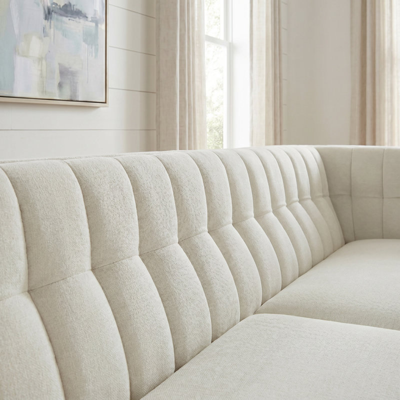 Canapé moderne à 3 places de 76 po avec accoudoirs incurvés, dossier capitonné et pieds en bois de bouleau - Canapé beige en chenille doux pour le salon