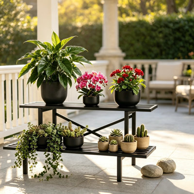 Zhongma 2 Tier Heavy Duty Black Metal Plant Stand, 440 lbs Load Capacity Indoor Outdoor Flower Rack, Freestanding Plant Holder for Patio Garden Home, 35.4" L x 17.5" W x 14" H
