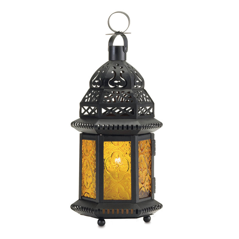 Grande lanterne marocaine en verre jaune | Lampe bougie Amber Boho, Noir, noir, noir, noir