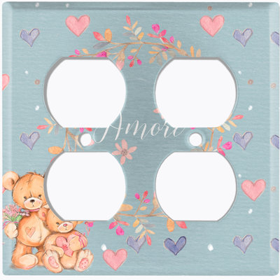 Couvercle de prise de courant en métal (Teddy Bears Amore Flower Wreath - Double