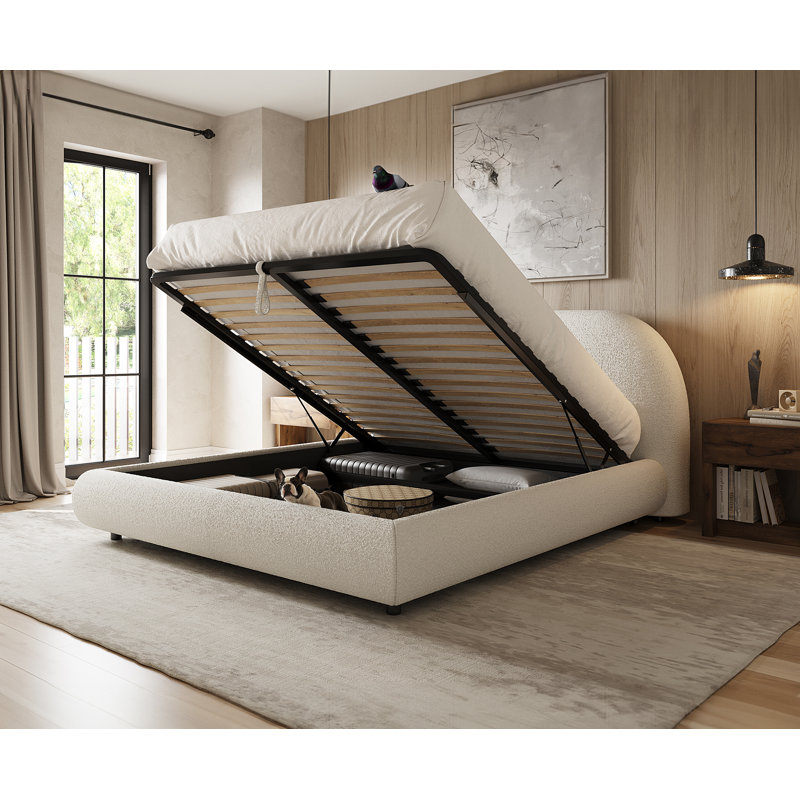 Lit de rangement moderne rembourré en tissu bouclé crème avec rangement relevable et tête de lit courbée, Très grand