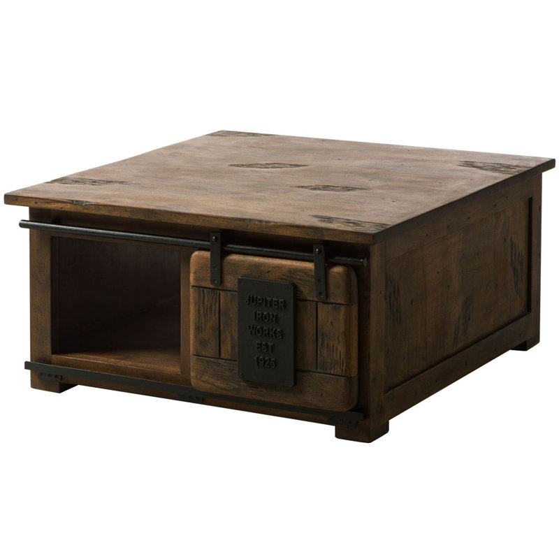 Solid Wood Coffee Table with Storage, Brown lacquered